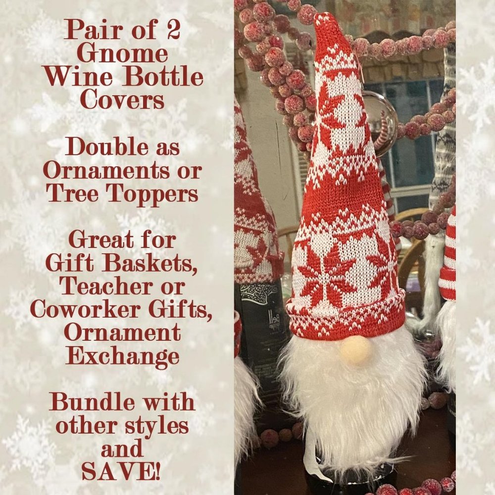Set of 2 Gnome Wine Bottle Gift Cover for Baskets, Ornaments, Tree Topper
